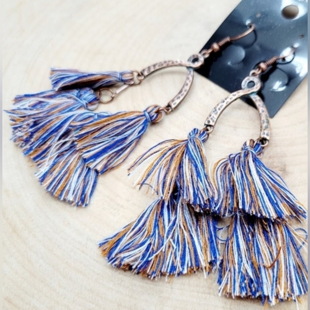 Blue Boho Tassel Hoop Earrings Dangle Pierced Long Light Pair Bohemian New